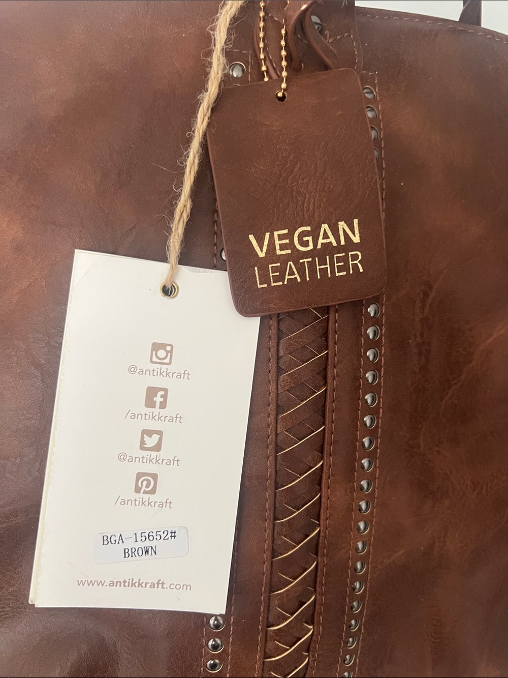 Antik Kraft Chocolate Brown Vegan Leather Studded Tote - Picture 3 of 6